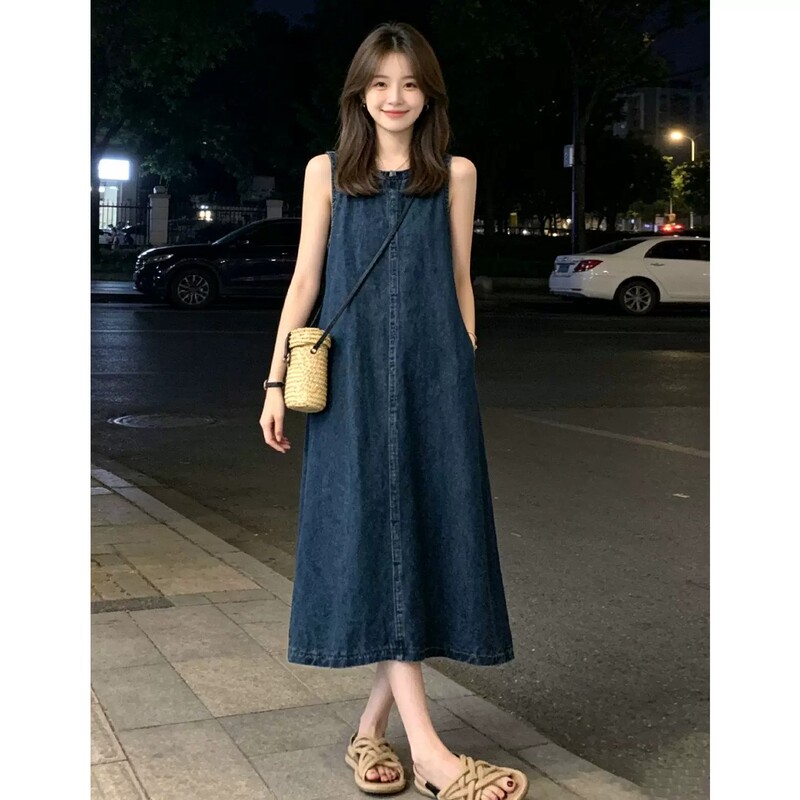 Korean-Style Simple Denim Dress for Women, Summer New Model, Round Neck, Sleeveless, Petite, Waist-Cinching, A-Line, Vintage Tank Dress