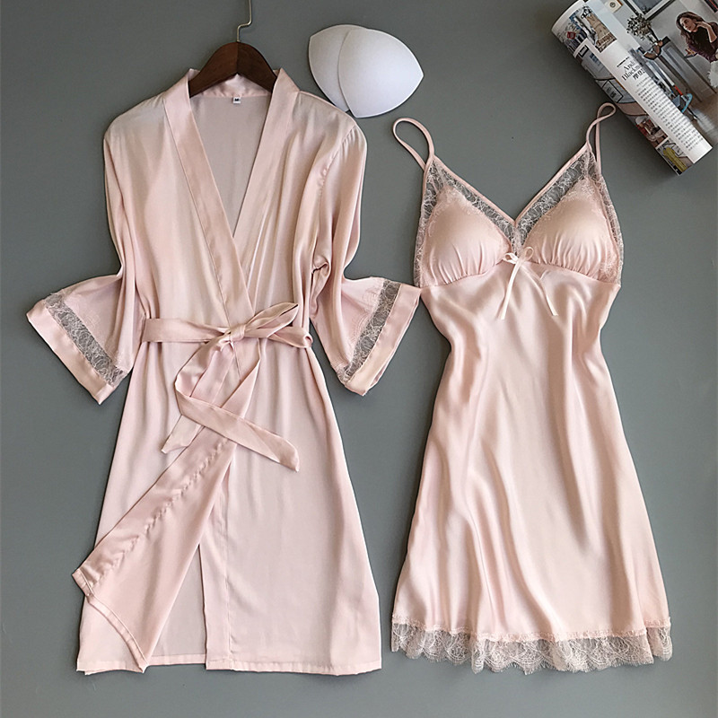 Sling nightdress suit simulation silk sexy pajamas women's long-sleeved spring autumn summer with chest pad nightgown home clothes