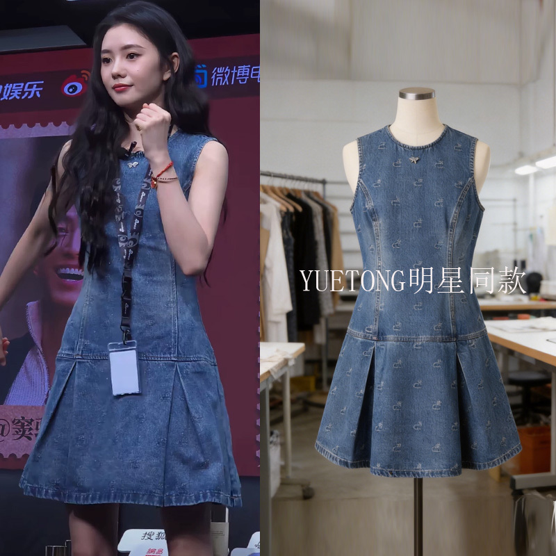 Liu Haocong's Same Style Sleeveless Washed Denim Dress for Women, Summer Vintage Distressed Waist-Cinching Embroidered Denim Tank Dress