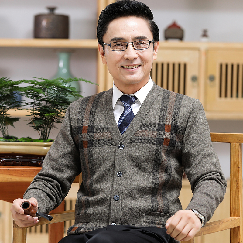 Men's Wool Sweater for Middle-Aged and Elderly, Long-Sleeve Cardigan, V-Neck Knitwear, Thickened Sweater Jacket