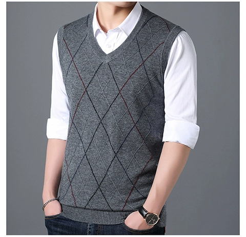 Woodpecker len vest nam cổ chữ V mùa thu và cotton mùa đông áo len không tay áo len trung niên áo len ấm áp vest áo len dệt kim