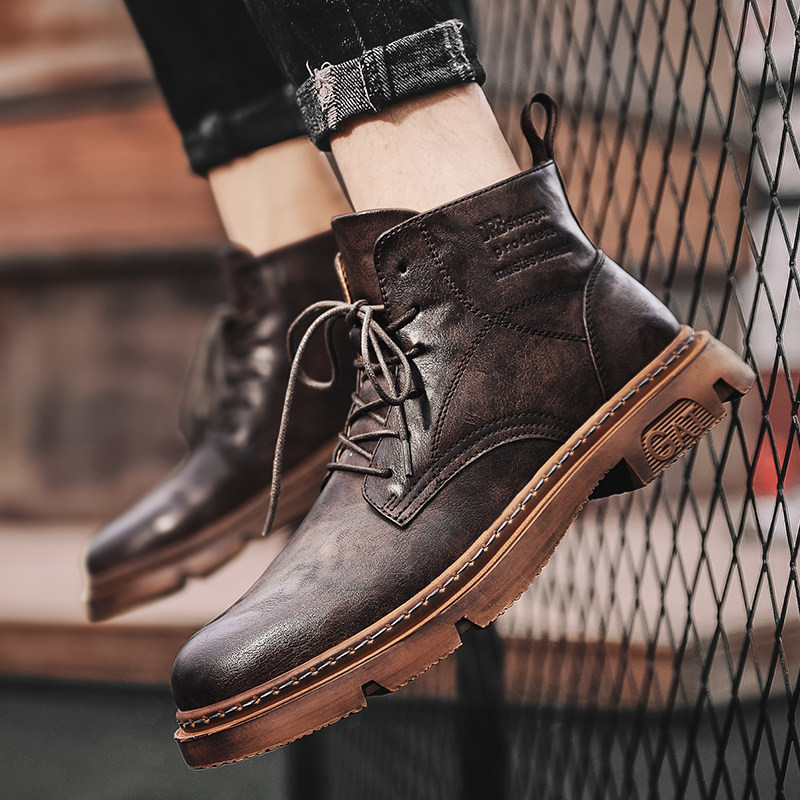 Red-Brown Martin Boots for Men, Winter High-Top Retro British Style Men's Work Boots, Trendy Motorcycle Mid-Top Leather Shoes