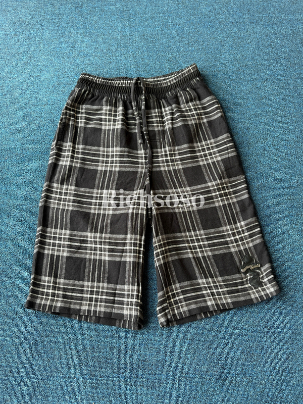 【Feel Free to Compare】 New Black and Gray Flannel Plaid Cross-Stitched Leather Patchwork Cropped Pants, Unisex Style