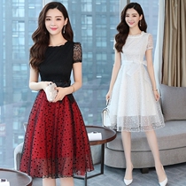 2021 new short a-character lace dress fairy summer high-end celebrity waist thin temperament