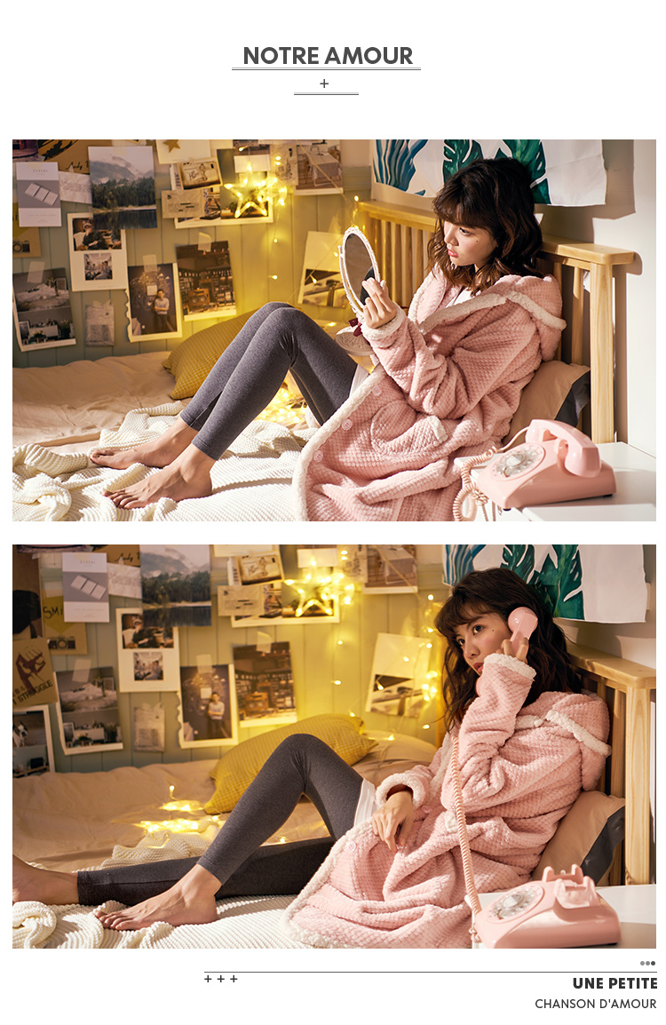 Little love song nhung nhung đồ ngủ nữ mùa đông trùm đầu áo ngủ dày mùa thu và mùa đông phụ nữ dễ thương flannel áo choàng tắm dịch vụ nhà đồ ngủ nam