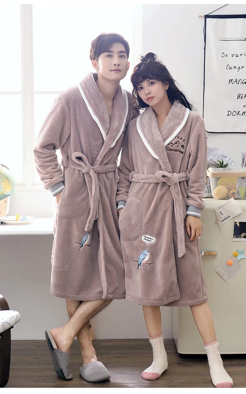 Mùa thu và mùa đông dày flannel vài chiếc áo ngủ nam màu nhung san hô đồ ngủ nữ áo choàng tắm mùa đông cộng với áo choàng dài - Night Robe