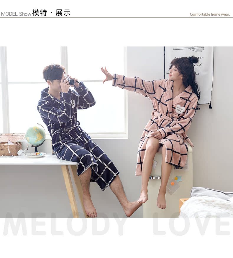Mùa thu và mùa đông dày flannel vài chiếc áo ngủ nam màu nhung san hô đồ ngủ nữ áo choàng tắm mùa đông cộng với áo choàng dài - Night Robe đồ ngủ pijama