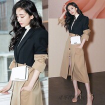 Yang Mi star with the long style splicing khaki commuter OL British Korean version 21 Autumn New windbreaker coat women