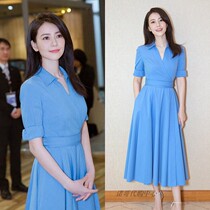 High round stars in the same style V collar small crowdcrowddesigned with long dress waist display slim blue shirt fairy one-piece dress