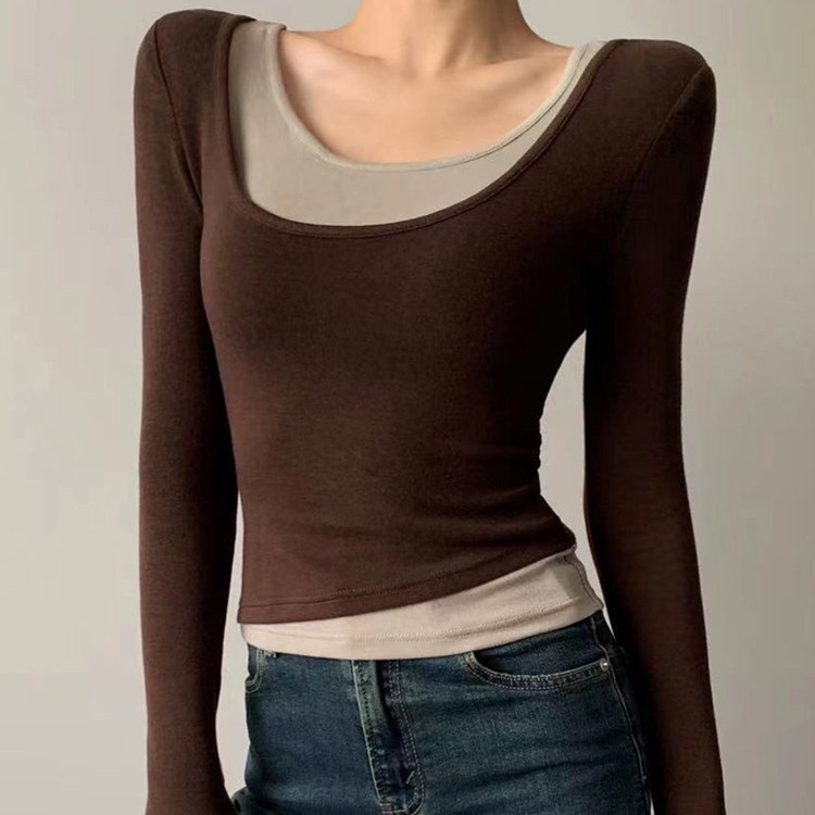 Coffee-Colored Large Neckline Straight-Shoulder Long-Sleeve T-Shirt for Women, Summer 2026 New Style, Faux Two-Piece Slim-Fit Short Top