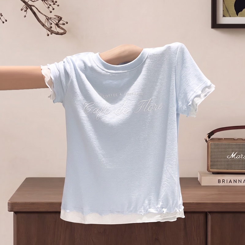 Blue Short-Sleeve T-Shirt for Women, Summer 2026 New Style, Faux Two-Piece with Ruffled Edge, Printed, Slim-Fit Top