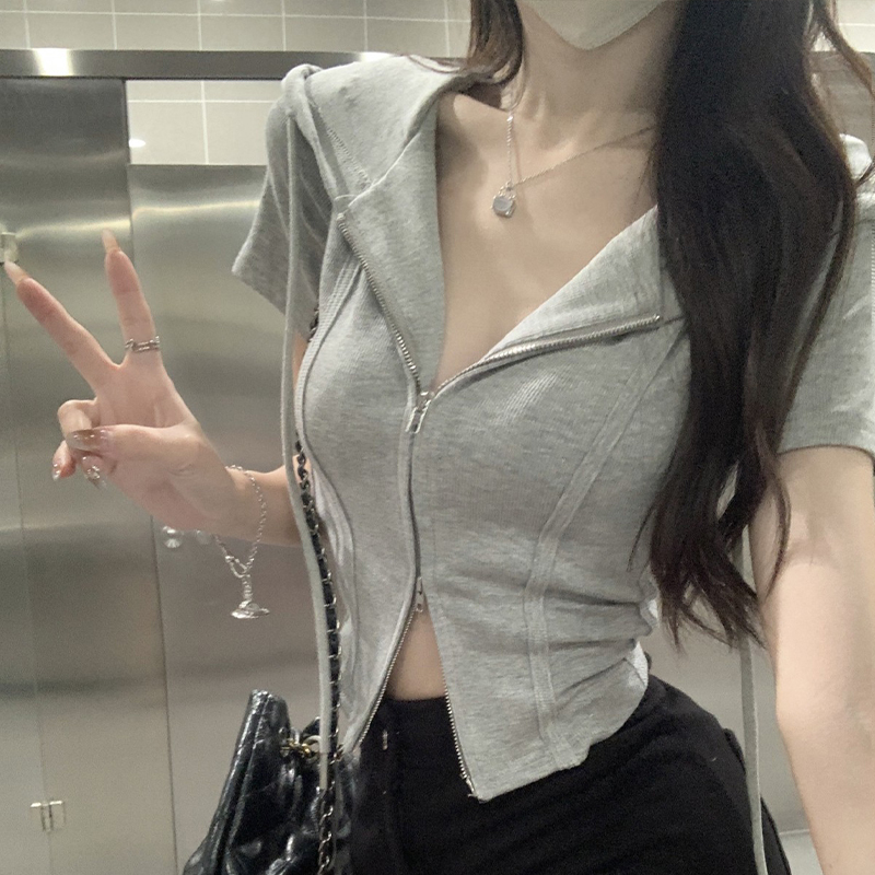 Hooded Short-Sleeved T-Shirt for Women, Summer Design, Niche Style, Petite Size, Fishbone Zipper, Slim Fit, High-Waisted, Short Top