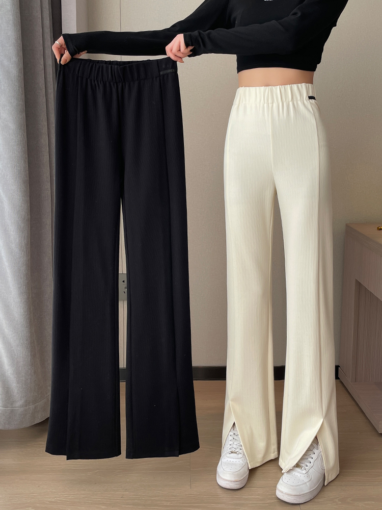 显瘦高腰阔腿裤女2023春秋新款开叉垂感黑色直筒裤窄版