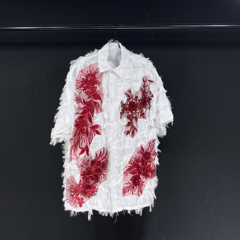 Wooster Eugene Original Design 2025 New Red Lace Blood-Stained Loose Casual Short-Sleeved Shirt Wooster Eugene Original Design 2025 New Red Lace Blood-Stained Loose Casual Short-Sleeved Shirt