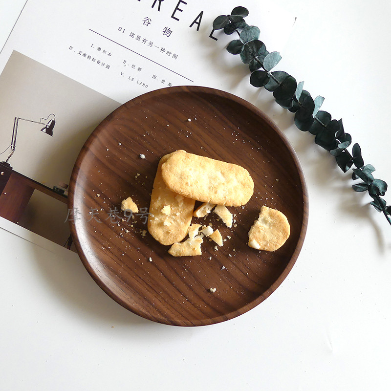Motian Alley Black Walnuts Wood Pan Round Solid Wood Dish Sun Style Minimalist Refreshment Wood Plate Retro Breakfast Dish