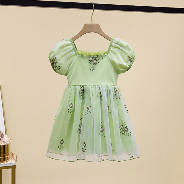 Girls Green Strapless Summer Dress 2022 New Western Style Children's Puff Sleeve Princess Dress Baby Mesh Dress