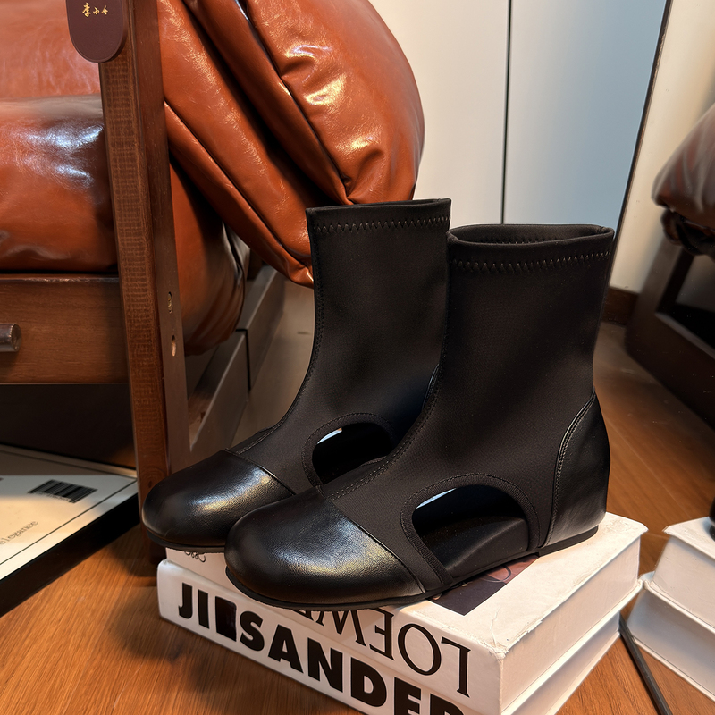 European Genuine Leather Hollow Flat Elastic Slim Boots for Women 2026 Summer New Versatile Thick-Soled Casual Sandals Long Boots