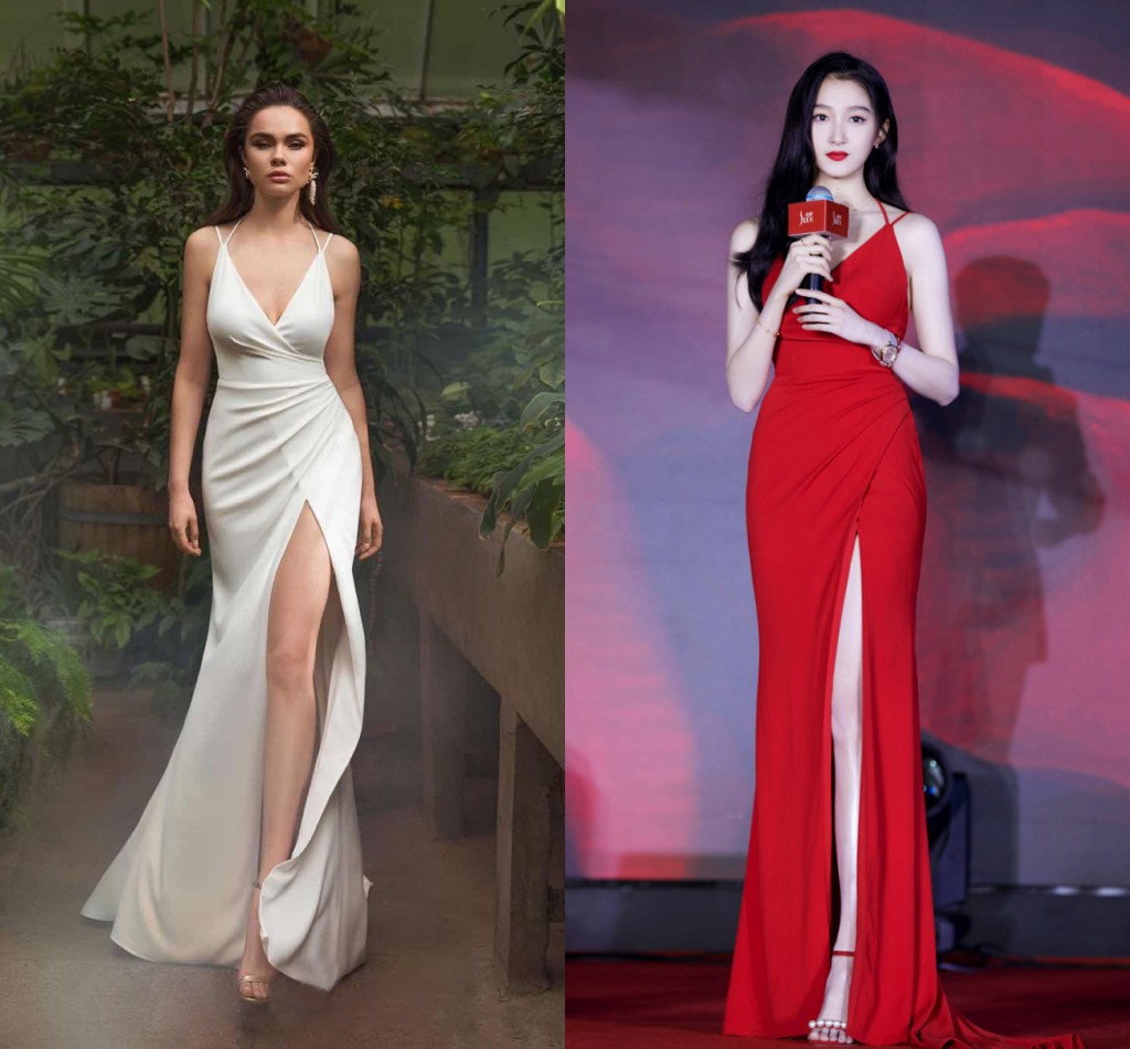 Guan Xiaotong's same red satin evening dress temperament sexy open fork harness long skirt with back cashew tail collar certificate