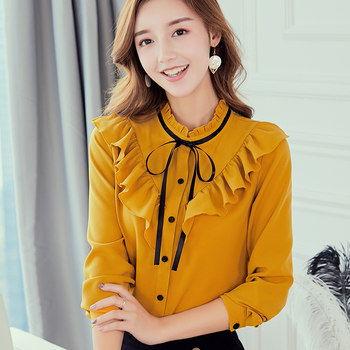 2022 spring and summer new Korean version slim long-sleeved shirt women's sweet lotus leaf tie all-match thin bottoming shirt