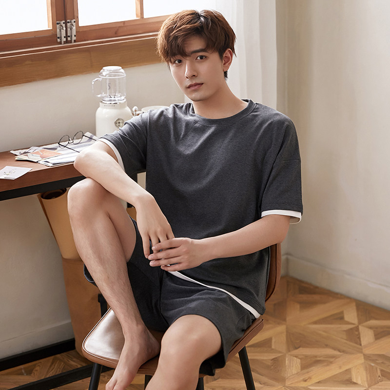 Summer pajamas men cotton thin summer short sleeve loose pullover men's pajamas boys Men's Home clothing set