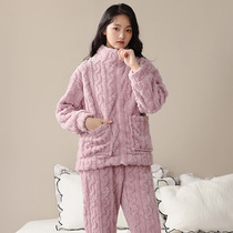 Beautiful Snowy Sleepwear Woman Winter Thickened Warm Coral Suede Pyjamas Lady Zipper Warm Can Outside Wearing Home Suit Suit