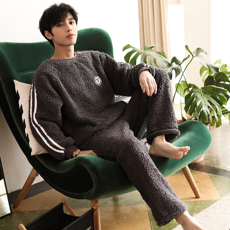 Coral fleece men's pajamas men's autumn and winter plus velvet padded winter flannel household clothing pullover winter men's pajamas
