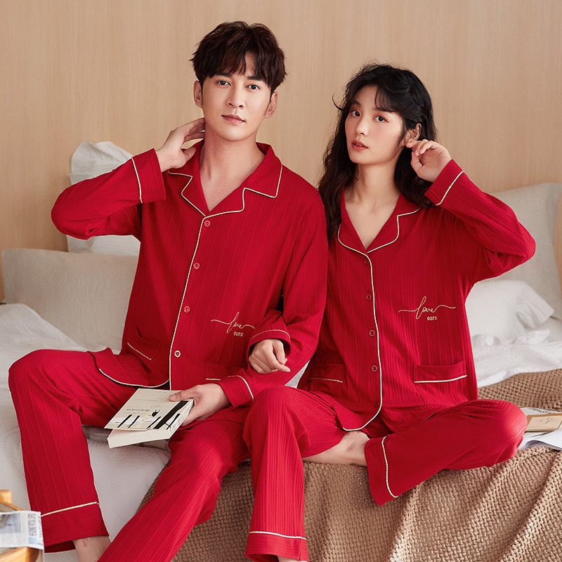 Pure Cotton Wedding Couple Sleepwear New Wedding Suit Spring Autumn Red Men and Men New Weddings New Weddings Wedding Ladies Winter Wear
