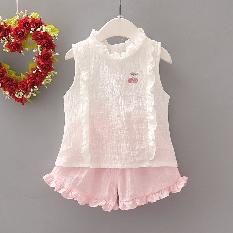Infant suit cotton linen light slim fit 1-2-3 year old female baby cherry embroidery Two sets of cool summer dress