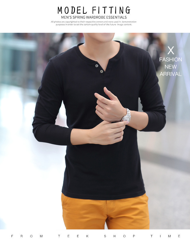 2018 mùa xuân và mùa hè dài tay T-Shirt nam rắn màu V-Cổ mùa thu quần áo đáy áo Slim cơ thể của nam giới 桖 bông xu hướng quần áo