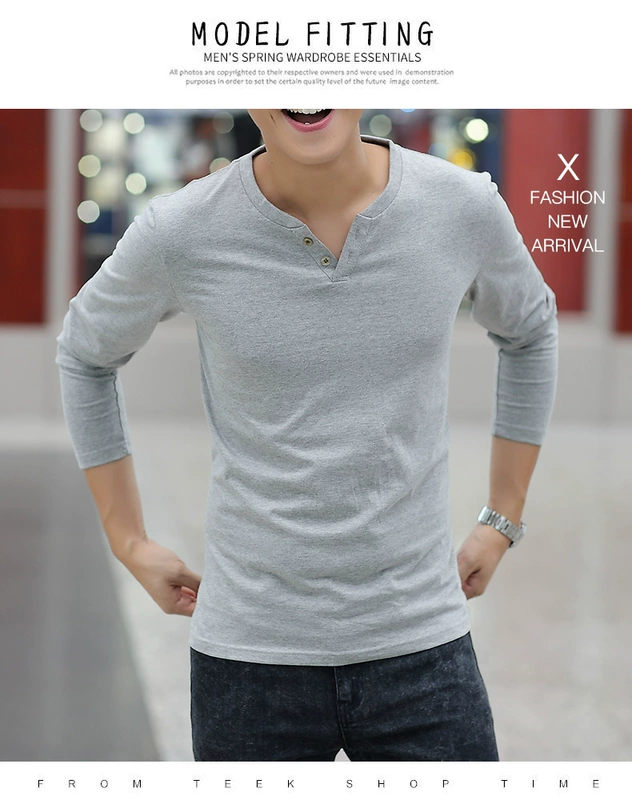 2018 mùa xuân và mùa hè dài tay T-Shirt nam rắn màu V-Cổ mùa thu quần áo đáy áo Slim cơ thể của nam giới 桖 bông xu hướng quần áo ao thun nam