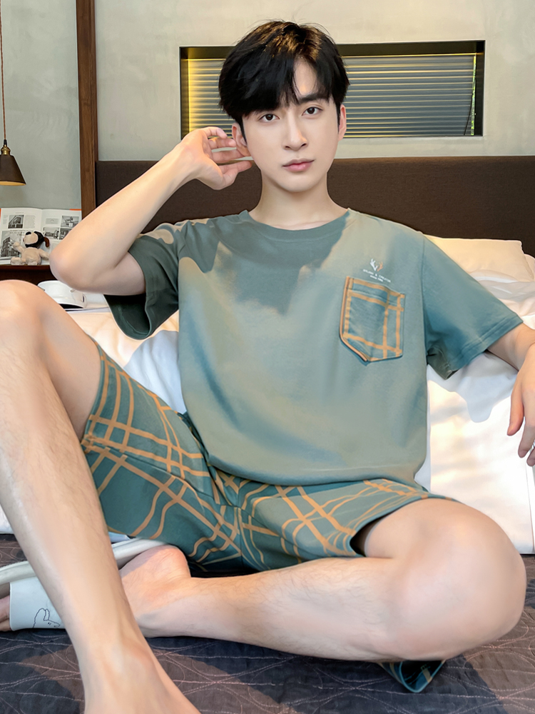 <!--男士睡衣夏款网红风短袖纯棉薄款青少年春秋季短裤男生家居服套装-->