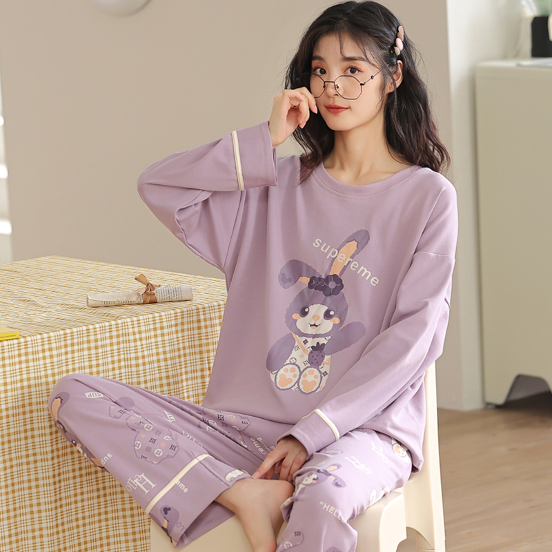 Women's Pajamas 2026 New Long-Sleeved Spring and Autumn Pure Cotton Purple Rabbit Loose Autumn and Winter Home Wear Set