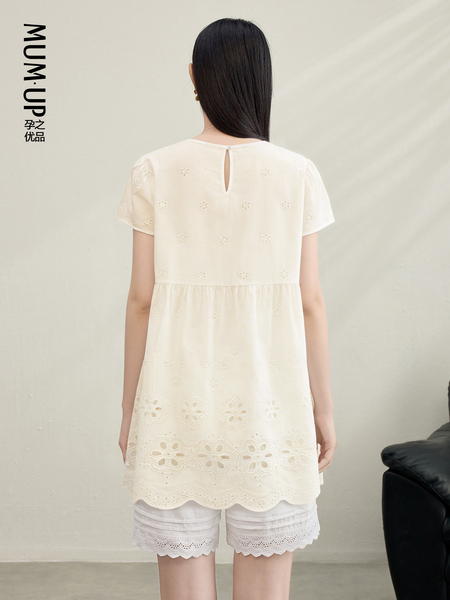Pregnancy Premium Maternity Doll Shirt Summer Fashion Hollow Embroidery Belly Covering Elegant Top A-Line Version Maternity Short Sleeve — 4