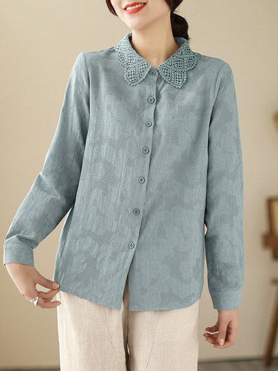 清仓品牌牛货专柜尾货复古提花刺绣纯棉上衣双层棉纱翻领女士衬衫