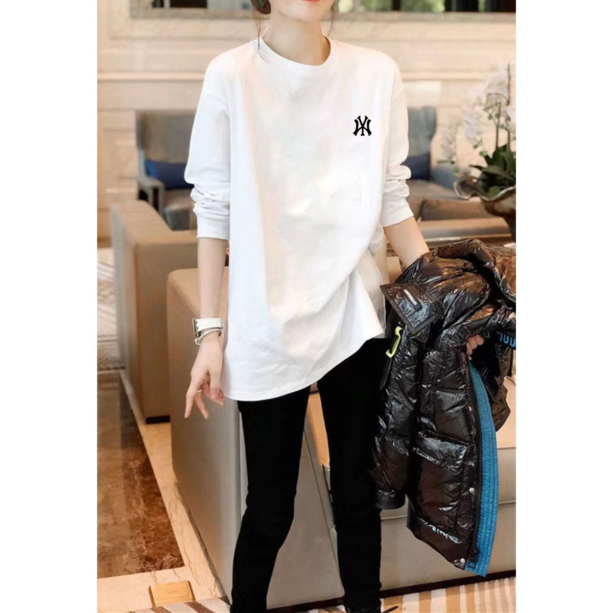 Ogoods White T-Shirt Woman Long Sleeve 2023 Autumn Winter New Stack Wearing Pure Cotton Inner Hitch in the bottom of the undershirt-Taobao