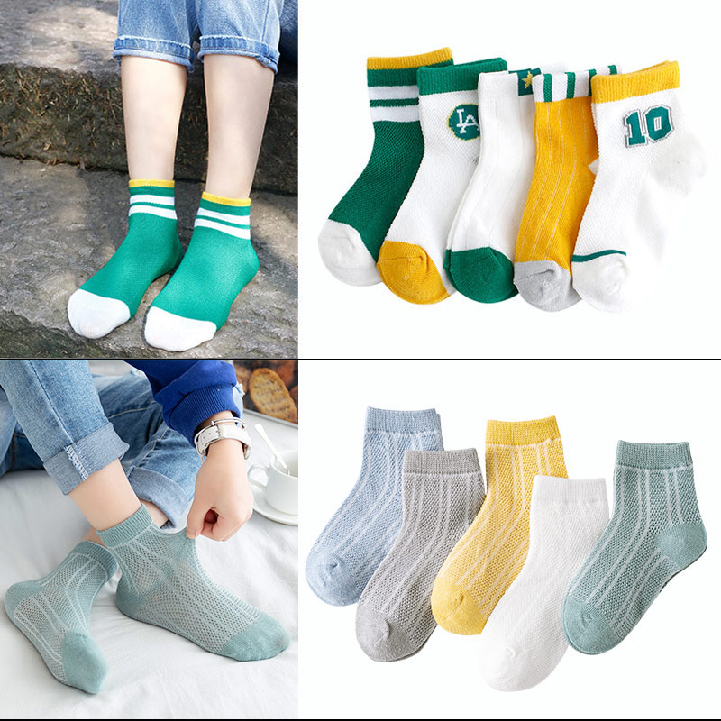 01 Sport Green + 1033 Solid Mesh (10 Pairs In Total)children Socks pure cotton spring and autumn Thin Boy girl Middle tube socks Zhongda Tong Xinjiang cotton baby Mesh socks summer