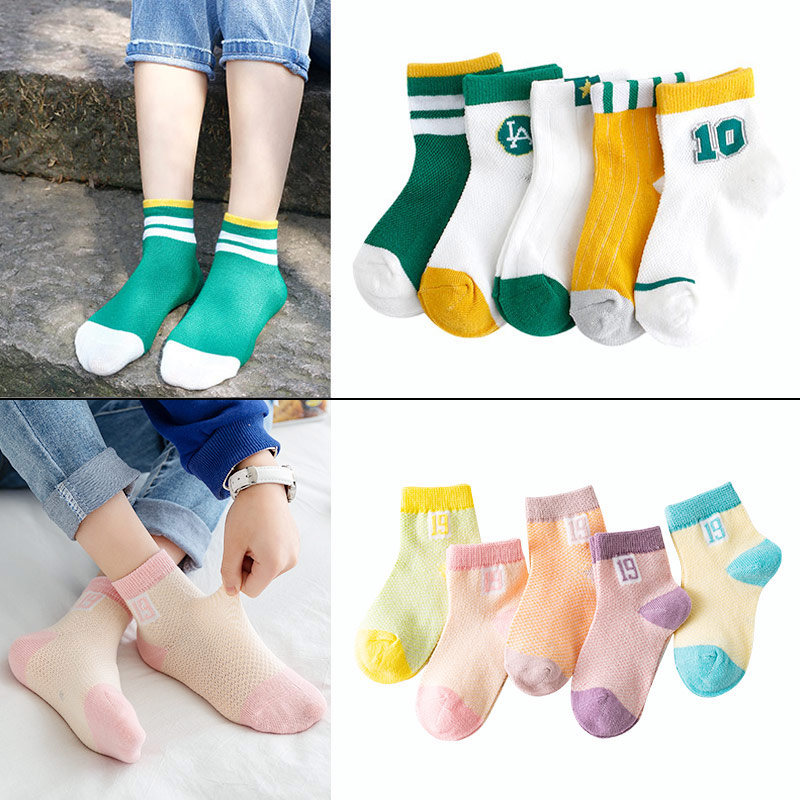 01 Sports Green + 19 Letter Women's Mesh (10 Pairs In Total)children Socks pure cotton spring and autumn Thin Boy girl Middle tube socks Zhongda Tong Xinjiang cotton baby Mesh socks summer