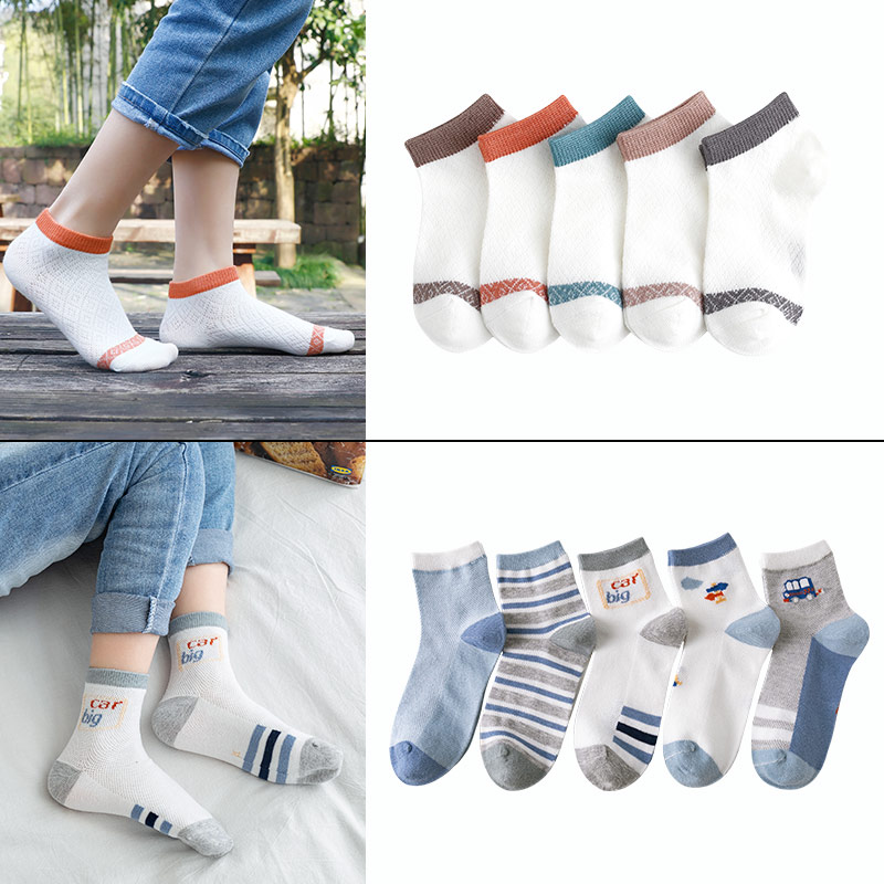 Sock End Stripe + Van Combination (10 Pairs In Total)children Socks pure cotton spring and autumn Thin Boy girl Middle tube socks Zhongda Tong Xinjiang cotton baby Mesh socks summer