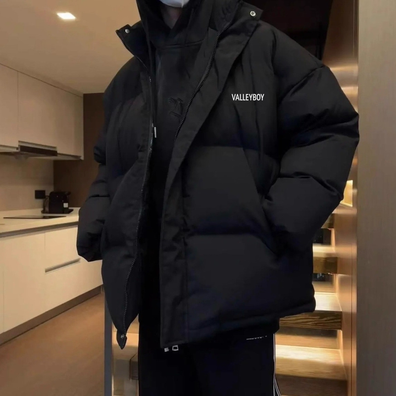 Black Stand-Collar New Style Men's Thick Warm Loose-Fitting Oversized Puffer Jacket Couple's Trendy Cotton Coat