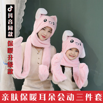 Autumn and winter parent-child warm trembles with rabbit cap ears will move thickened warm hat scarf gloves three-piece set