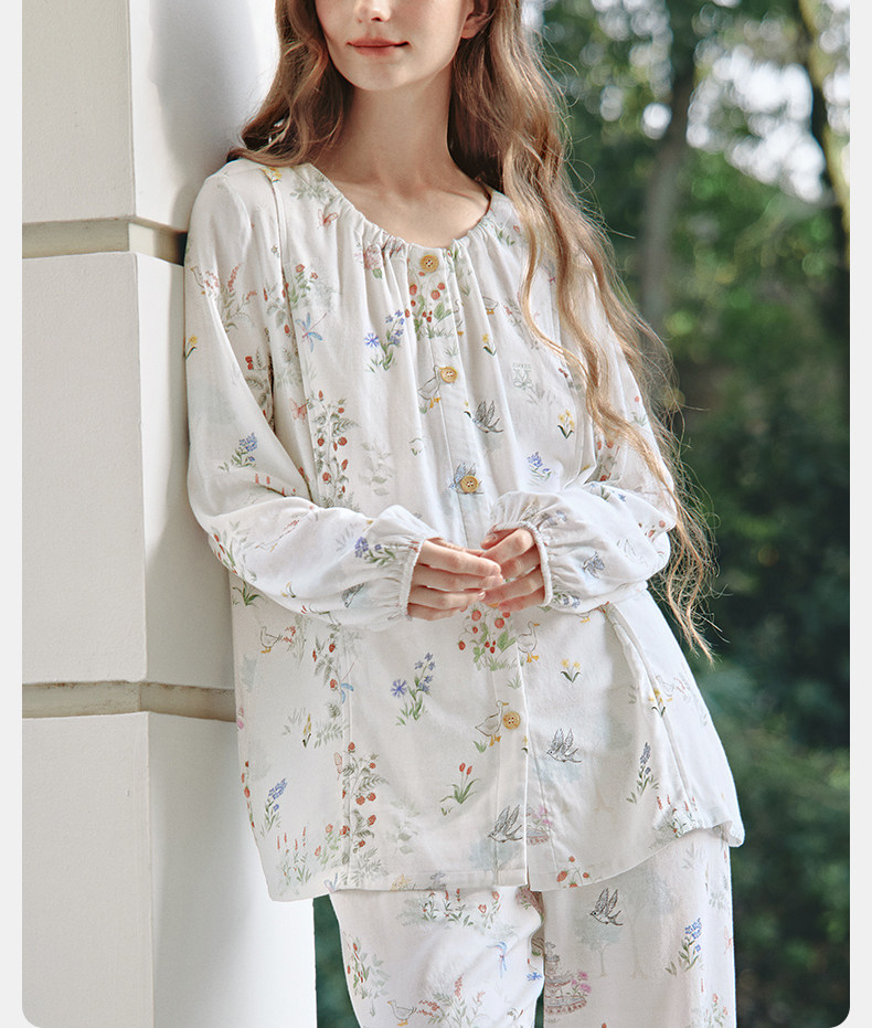 嫚熙秋冬季孕妇哺乳睡衣弹力丝麻棉浅草曼波产后月子服家居服套装 — 33