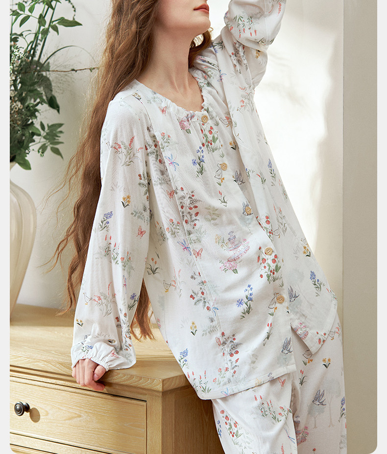 嫚熙秋冬季孕妇哺乳睡衣弹力丝麻棉浅草曼波产后月子服家居服套装 — 19