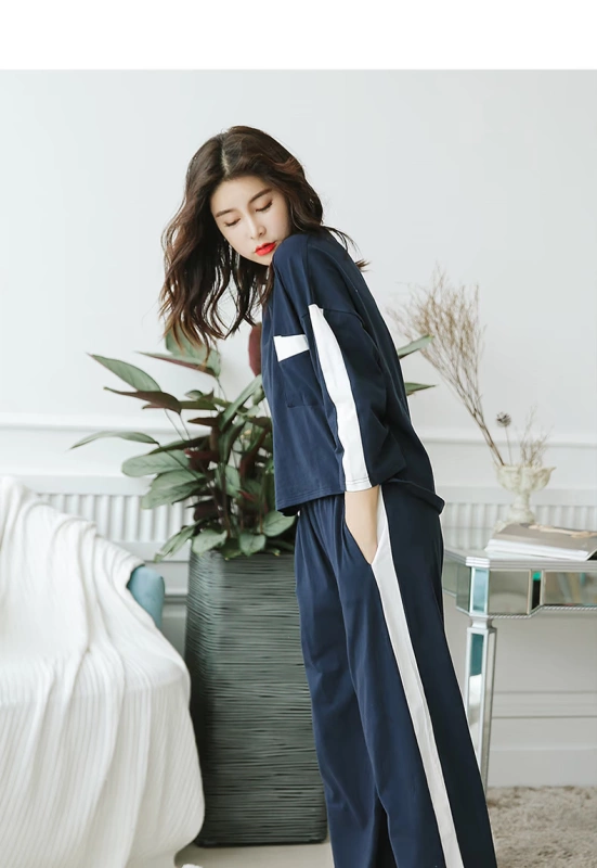 Yashute cotton tinh khiết pijama phụ nữ mùa thu mỏng phần thể thao đơn giản dài tay mùa xuân và mùa thu dịch vụ tại nhà phù hợp với phụ nữ mùa xuân và mùa hè cotton - Bên ngoài ăn mặc