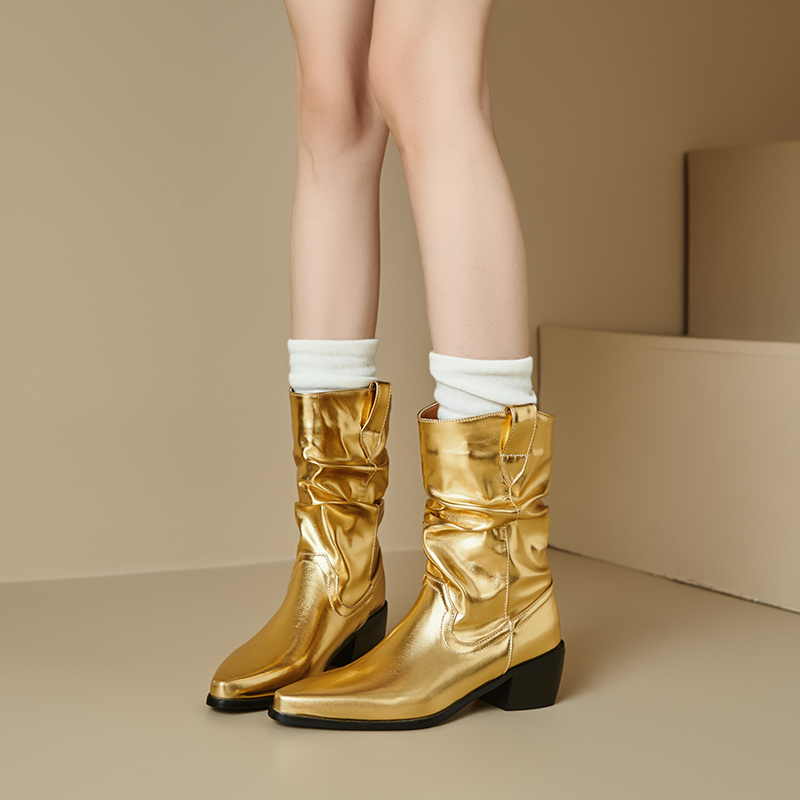 Mid-Calf Boots, Autumn and Winter Pointed-Toe Riding Boots, Gold Single Boots, Large Size 41-43 Women's Boots, Martin Boots, British Style Boots
