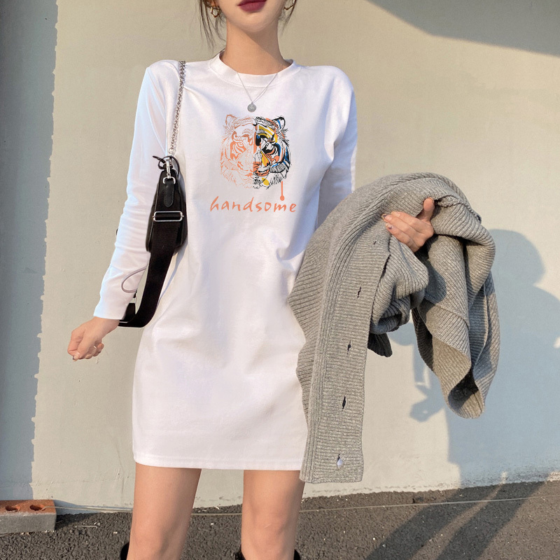 European Style National Trend Tiger Head Print Long-Sleeve Mid-Length T-Shirt 2026 Early Spring Versatile Round Neck Slimming Dress