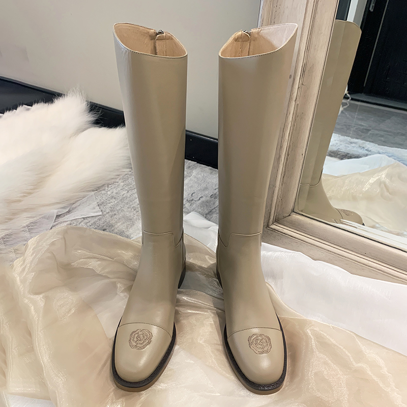 Lin Grand Strangy 2021 New High Cylinder However Kneecap Genuine Leather Long Boots Coarse heel Lean Fashion Round Rider Boots Woman 