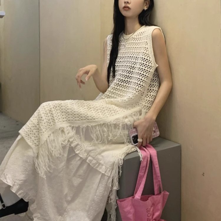 Hollow-Out Knitted Side-Slit Tassel Dress for Women, Summer 2025 New Loose Mid-Length Tank Dress with Sun Protection Cover-Up