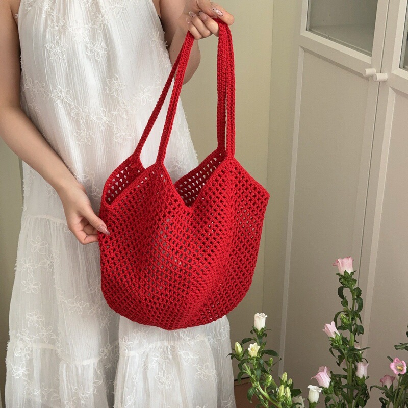 Chic Woven Bag, Casual Large-Capacity Cotton Thread Hollow Straw Bag, Lazy Style Single-Shoulder Beach Bag, Vacation Women's Bag