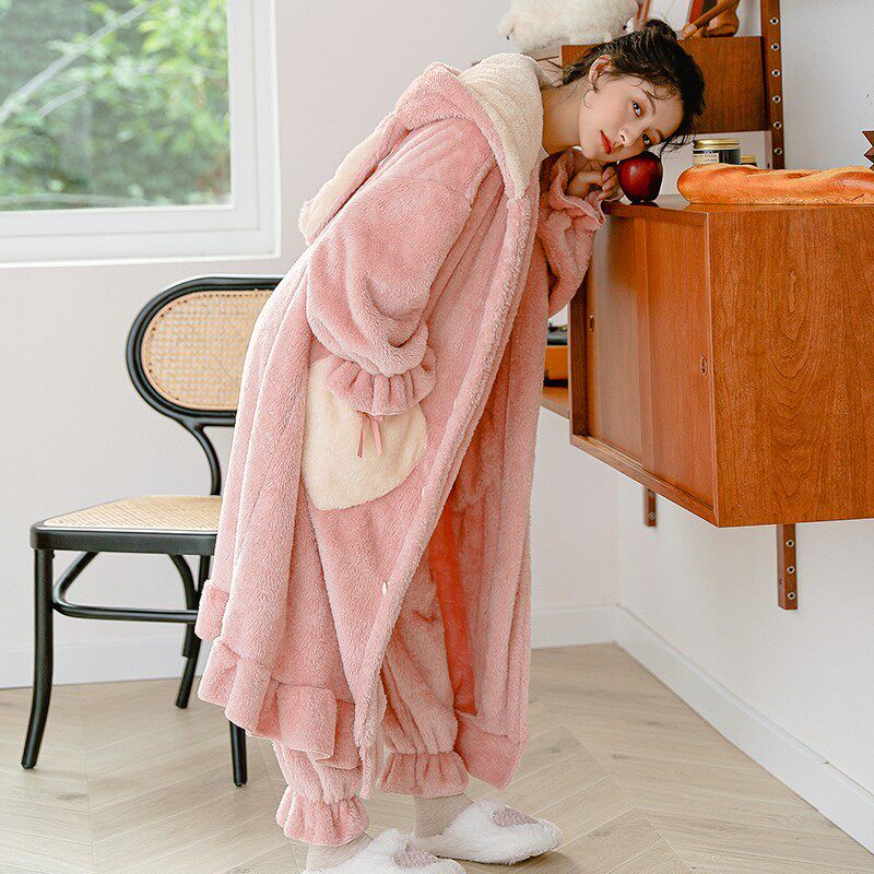 Japan JULIUSPET coral fleece pajamas women autumn and winter thickened student sweet nightgown long edition housewear