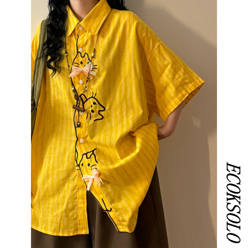 Ecoksolo2026 Summer Retro Personalized Cat Embroidered Preppy Style Shirt Women's Loose Short-Sleeved Cardigan Shirt Ecoksolo2026 Summer Retro Personalized Cat Embroidered Preppy Style Shirt Women's Loose Short-Sleeved Cardigan Shirt
